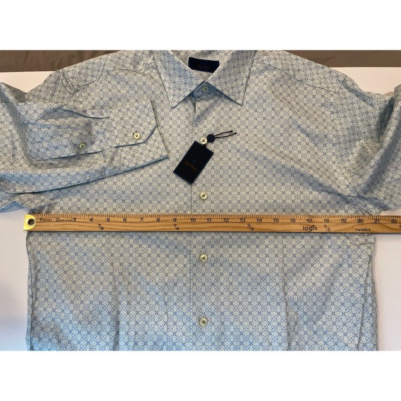 NEW David Donahue Dress Shirt Mens Medium Barrel Cuff Blue Geometric AOP Cotton - Picture 6 of 8